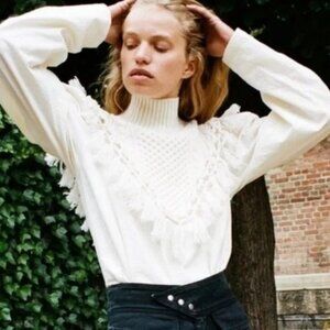 Sea New York Fringe Trim Cream Wool Crochet Cable Knit Collar Sweater Poncho 6